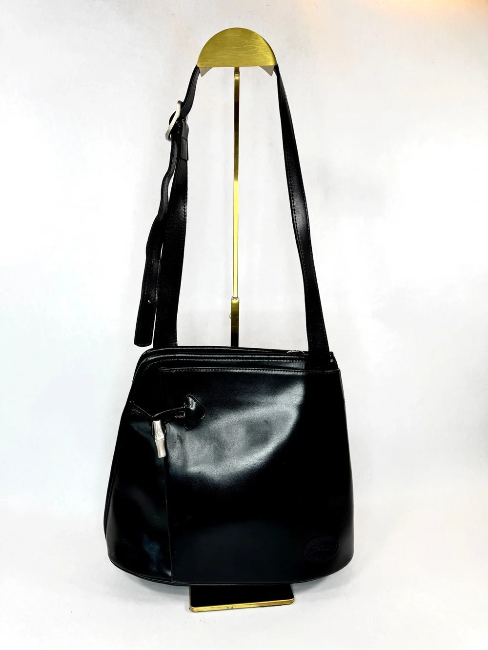 VTG Longchamp Roseau Trapezoid Bucket Shoulder Bag Black Leather France 90s